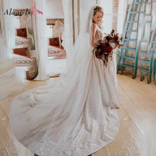 Alagirls Sparkly Wedding Dress 2020 V Neck Sleeveless Chapel Train Bridal Dress Custom Made vestido de noiva