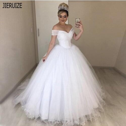 JIERUIZE Simple Princess Wedding Dresses V Neck Off Shoulder Zipper Back White Tulle Ball Gown Bridal Gowns Vestido De Novia