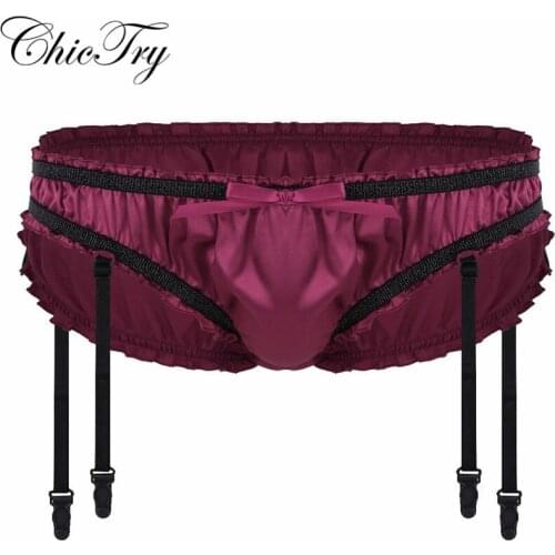 Newest Mens Nightwear Panties Lingerie Stretchy Satin Ruffled Lined Sissy Triangle Briefs Underwear Briefs with Plastic Garters