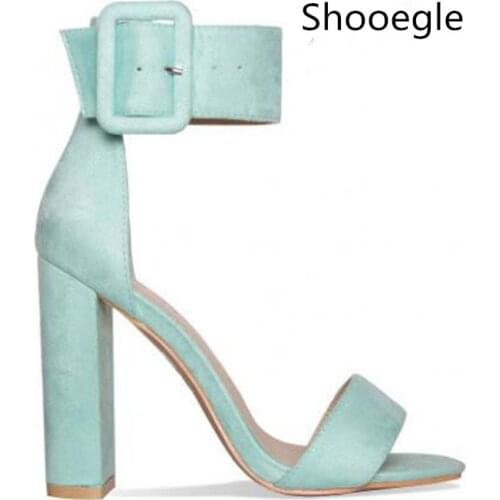 Summer Pink Mint Green Nude Black Suede Women Sandals Open Toe Buckle Ankle Strap Block High Heels Party Dress Shoes Women
