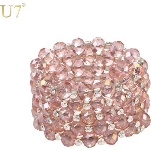 U7 Fashion Crystal Bracelets For Women Jewelry Wholesale 6 Colors Options Black And Pink Beads Bracelet Bangle For Women H723
