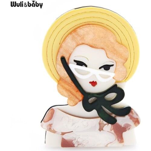 Wuli&baby Acrylic Wear Hat Lady Brooches For Women Taking Holiday Girl Figure Fashion Brooch Pins Gifts