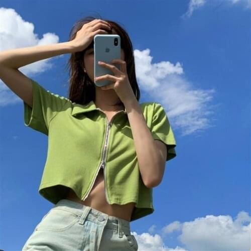 Womens New Summer Korean Slim Short Short Sleeve Zipper POLO Collar Shirt Top Women Harajuku Vintage Dropshipping Punk