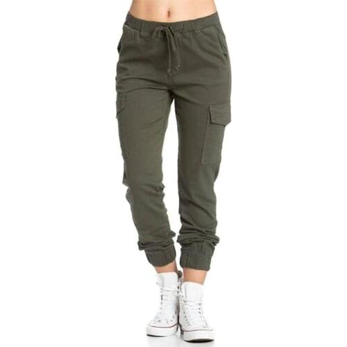 Women Solid Color Tight Cargo Jogger Pants Running Pants Drawstring Pockets Middle Waist Bottom Leg Tight Cargo Pants
