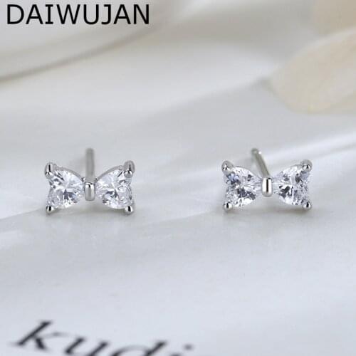 DAIWUJAN 925 Sterling Silver Bowknot Earrings For Women Korean Sweet Heart 5A Zircon Stud Earrings Student Jewelry Accessories