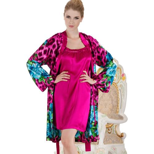 2PC Ladies Leopard Rose Print Satin Kimono Bathrobe & Solid Nightgown Set Autumn Morning Dressing Gown Sleepwear Indoor Clothing
