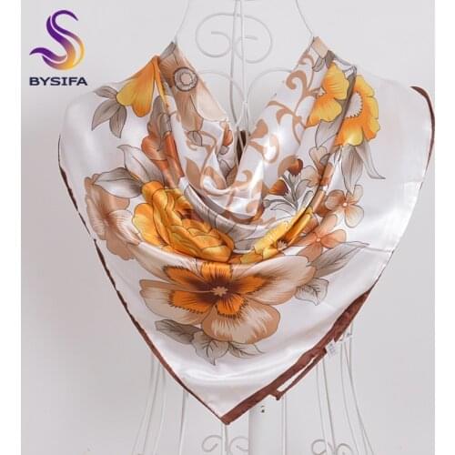 [BYSIFA] Brand White Gold Chinese Peony Silk Scarf Shawl Hijab 90*90cm Autumn Winter Female Large Square Scarves Neck scarves