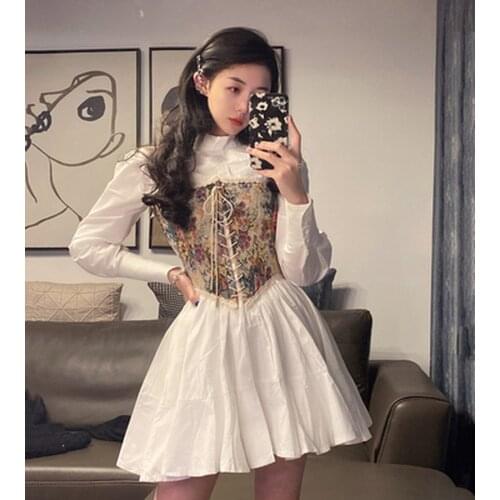 Vintage Casual White Stand Collar Shirt Dress Women Mini + Sexy Floral Embroidered Camisole Fashion Elegant Dress Sets Matching