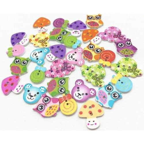 100pcs 16-23mm Assorted Wood Buttons 2 Holes Owl Cap Lollipops Mushroom Bear Baby Fancy Button Sewing Accessories