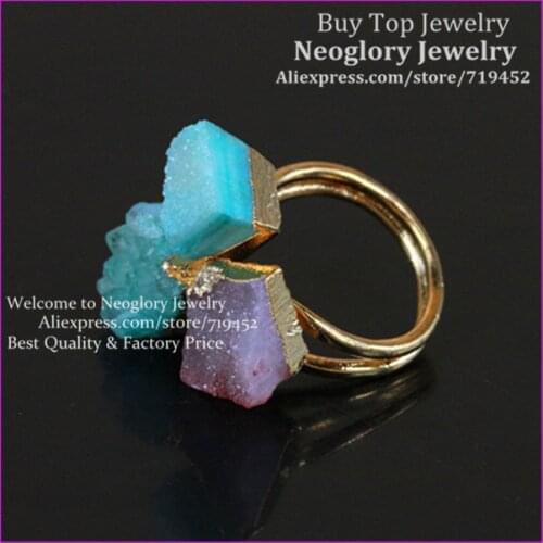 5PCS Amazing Natural Druzy Ring with Gold Edged Glass Ring Pink and Blue Gems Druzy Glass Ring Crystal Drusy Quartz Ring