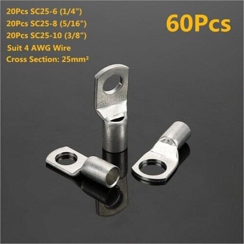 60Pcs SC25-6/25-8/25-10 Tinned Copper Lug Ring Terminals Seal Wire Connectors Bare Cable Crimped/Soldered Terminal Assorted Kit