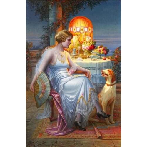 Free shipping classical women and dog landscape oil painting canvas prints on canvas home wall art decoration picture
