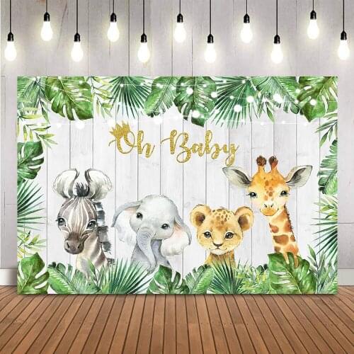 Oh Baby Backdrop Safari Jungle Theme Background for Newborn Kids Portrait Photo Backdrops Animals Green Leaves Photocall