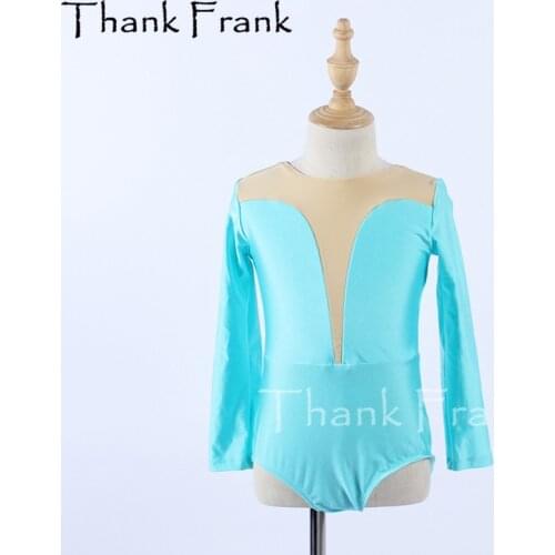 New Girls Gymnastics Leotards Adult Sky Blue Long Sleeve Dance Leotard Child Basic Training Ballet Costume Cute Dancewear TF1038