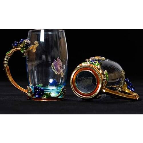 Blue Rose Enamel Crystal Cup Flower Tea Glass High-grade Glass Water Cup Flower Mug with Handgrip Perfect Gift For Lover Wedding