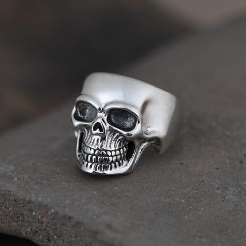 100% 925 Sterling Silver Skeleton Men Ring Punk Vintage Skull Male Adjustable Ring Fashion Thai silver Jewelry Birthdays Gifts