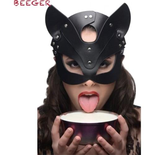 BEEGER Naughty Kitty Cat Mask,Sexy Leather Cat Mask For Women Bdsm Fetish Cat Head Black Eye Mask Halloween Carnival Party Mask