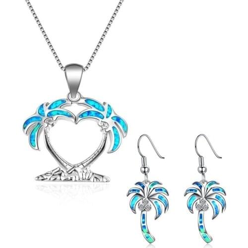 Fashion Blue Coconut Tree Pendant Trendy Womens Creative Chain Earrings Clavicle Chain Pendant Earrings Accessories