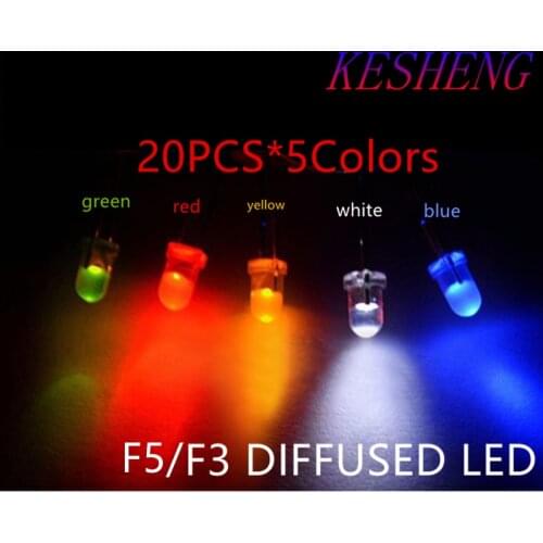 100Pcs/lot 5 Colors F3/F5 5MM Round LED Assortment Kit Ultra Bright Diffused Green/Yellow/Blue/White/Red Light Emitting Diode