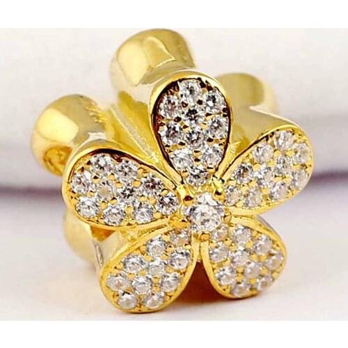 Original Gold Color Shine Dazzling Daisy With Crystal Beads Fit 925 Sterling Silver Bead Charm Bracelet DIY Jewelry