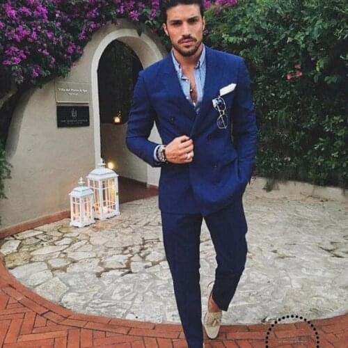 Hot Sale Double Breasted Mens Suits Peaked Lapel Blue Groom Wedding Business Prom Party Blazer Jacket (Jacket+Pants)