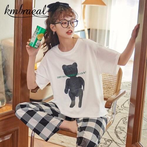 Sleepwear Cartoon Bear Cotton Pajamas for Women Long Pants Short Sleeved Summer Spring Loungewear Soft Homewear Plus Size 2xl