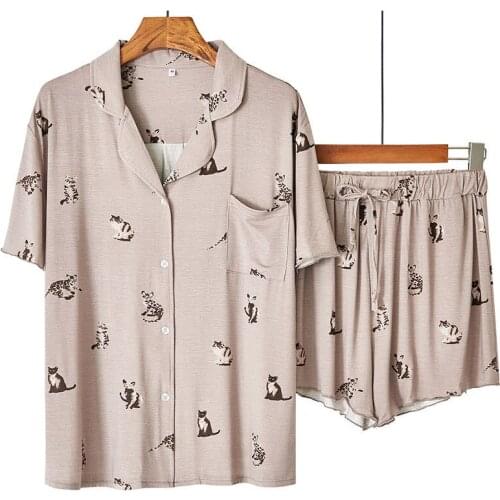 2PCS Pajamas Women Cartoon Pajamas Set Casual Modal Sleepwear Shirt&Shorts Cute Nightwear Intimate Lingerie Soft Homewear
