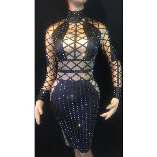 Party dress Female singer host model dj party black net printing stretch dress stage adult costume