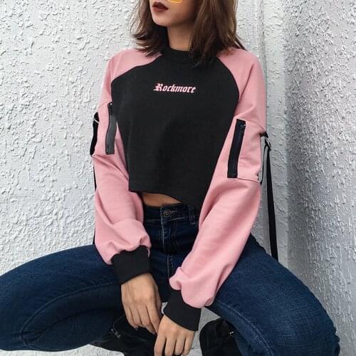 Streetwear Pullover Ladies Hoodie Gothic Letter Print Balck Patchwork Pink Casual Long Sleeve Sweatshirts Pocket Women Hoodies