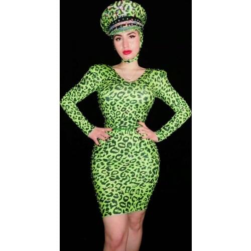 Sexy Green Leopard Printed Shining Rhinestone Dress Women Evening Party Show Bodycon V Neck Mini Dress Nightclub Dance Outfit