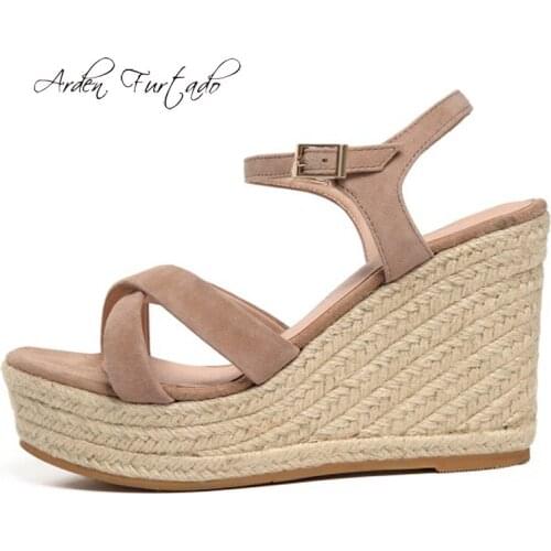 Arden Furtado summer 2019 fashion womens shoes casual sandals elegant platform buckle strap narrow band wedges straw shoes new