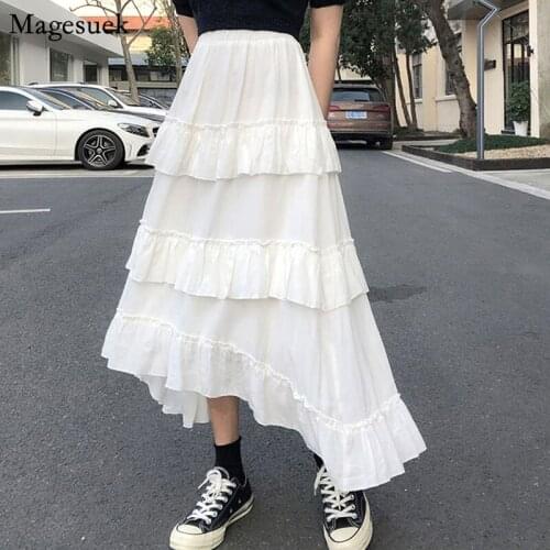 Ruffles White Chiffon Skirt Women Fashion High Waisted Cake Pleated Skirt Woman Solid Vintage Long Skirts Jupe Femme New 15632