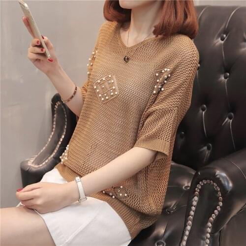 FAIRY FASHION western style medium sleeve T-shirt 2021 summer new loose cut-out V-neck pearl net shirt womens blouse