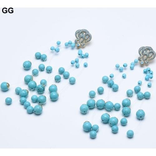 GG Jewelry Blue Turquoises Round Beads CZ Gold Plated Flower Stud Earrings CZ Fitting For Women