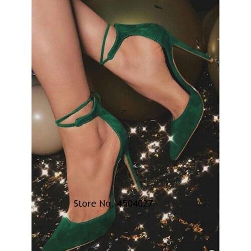 New Women Pumps Pointed Toe Gladiator Shoes Stiletto Heel Suede Dark Green Ankle Strap High Heels