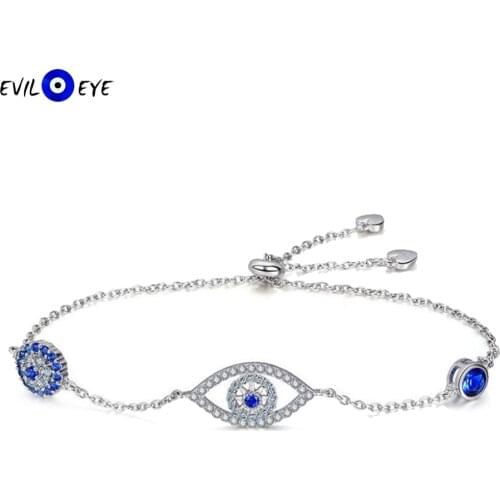 EVIL EYE Blue Turkish Evil Eye Bracelet Adjustable Link Chain 925 Sterling Silver Bracelet for Women Girls Fine Jewelry ES03