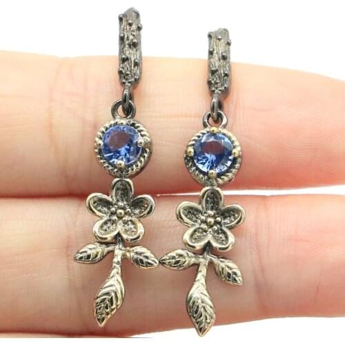 54x15mm Gothic Vintage Jewelry Created London Blue Topaz Pink Morganite Black Gold Silver Earrings Eye Catching