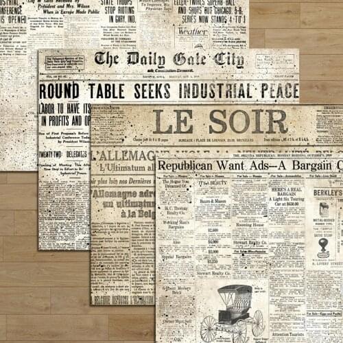 4PcsJunk Journal Large Size Retro Old Newspaper Material Sticker Scrapbook Travel Diary Background Material Decoration Paper