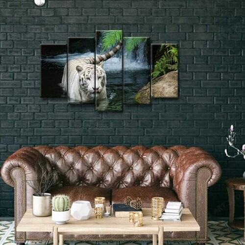 5 Panel Tiger Canvas Prints Wall Art White Tiger in Pond Giclee Artwork Wildlife Wall Theme Pictures in Gallery Living Room Deco