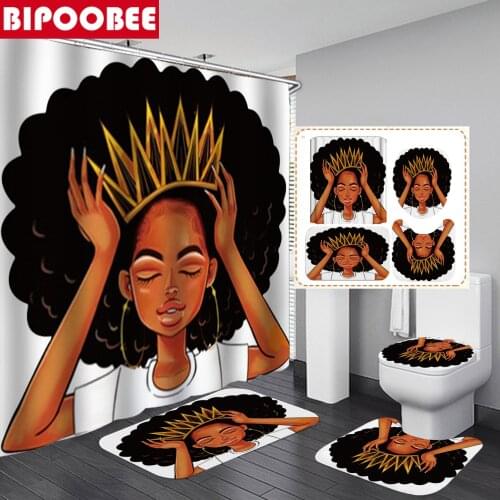 African American Women with Crown Shower Curtain Afro Africa Girl Queen Princess Bath Curtains with Rugs Toilet Seat Cover Set