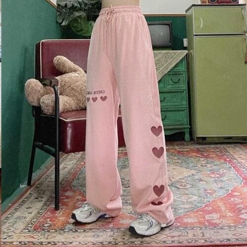 Harajuku Streetwear Hippie Palazzo Pants Women Retro Pink Love Embroidery Female Korean Student Loose Straight High Waist Pants