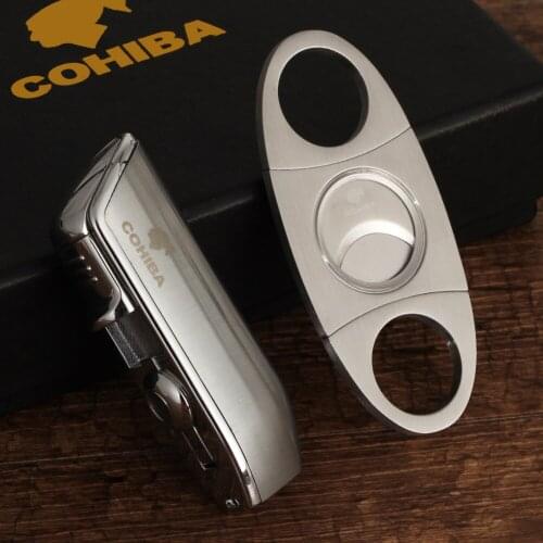 COHIBA 3 Jet Torch Flame Cigar Lighter Sharp Cigars Cutter Set Metal Lighters Stainless Cutters Portable Gadgets W/ Cigars Punch