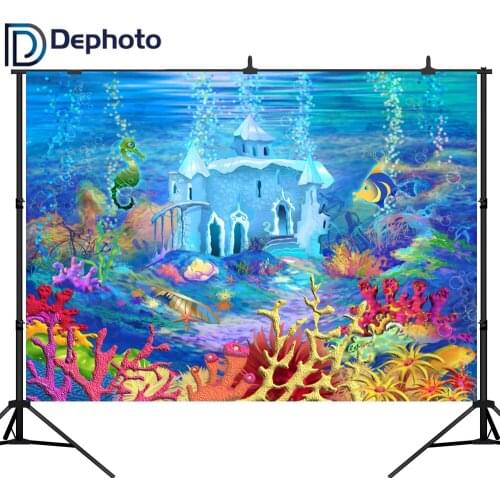 DePhoto Photography Backdrop Under The Sea Mermaid Seabed Palace Children Birthday Party Photo Background Photocall Printed