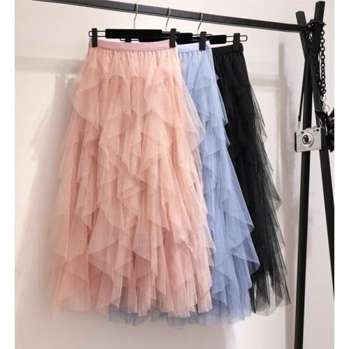 Summer Skirts Womens Fashion Irregular Mesh Tulle Skirt Elastic High Waist Mid Calf Tutu Long Skirt Women 2020 Ladies Skirts