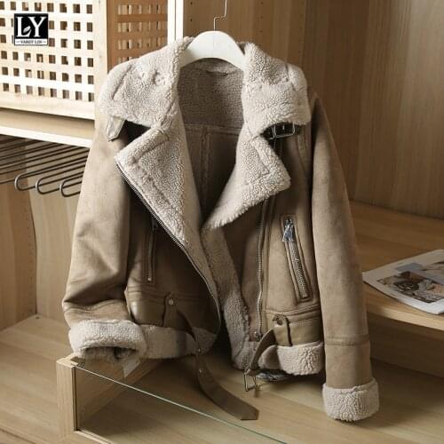 LY VAREY LIN 2021 Winter Women Warm Suede Lambs Wool Short Motorcycle Brown Coats Faux Shearling Sheepskin Fake Leather Jackets