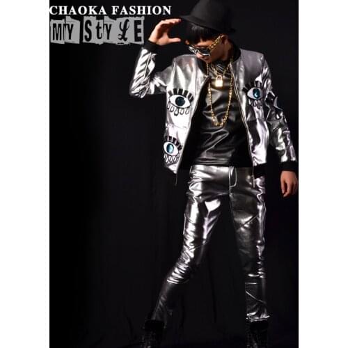 M-4xl ! 2021 New Mens Clothing Fashion Silver Big Glasses Mosaic Baseball Leather Jacket Plus Size Stage Singer Costumes