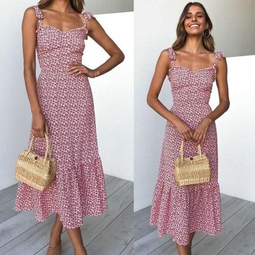 2021 Summer New Sling Floral Dress Female Ruffled Sleeveless Mid-length Beach Style Dress