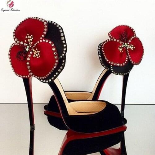Original Intention Sexy Women Sandals Peep Toe Thin High Heels Sandals Black Red-Flower Bling Shoes Woman Big Size 4-15