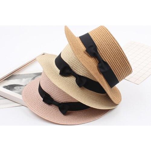 Simple Summer Parent-child Beach Hat Female Casual Panama Hat Lady Brand Women Flat brim Bowknot Straw cap girls Sun Hat