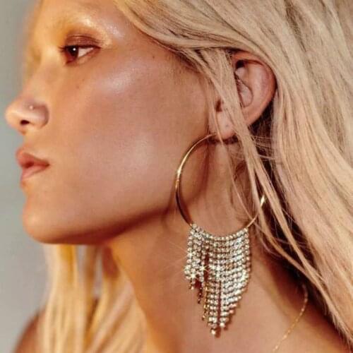 Luxury Gold Crystal Big Hoop Earrings Stainless Steel for Women Rhinestone Earrings Tassel Long 2019 Fashion Prom Stage Jewelry